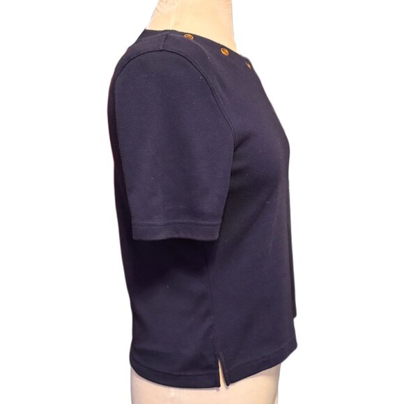 Koret Navy Blue Short Sleeve Knit Top / Sweater Gold Grommets Comfortable Small - Picture 3 of 8